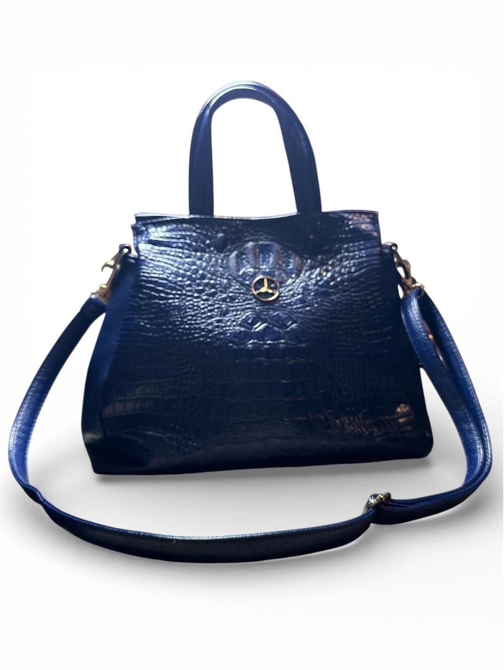 Navy Blue Faux Leather Tote Bag with Shoulder Strap